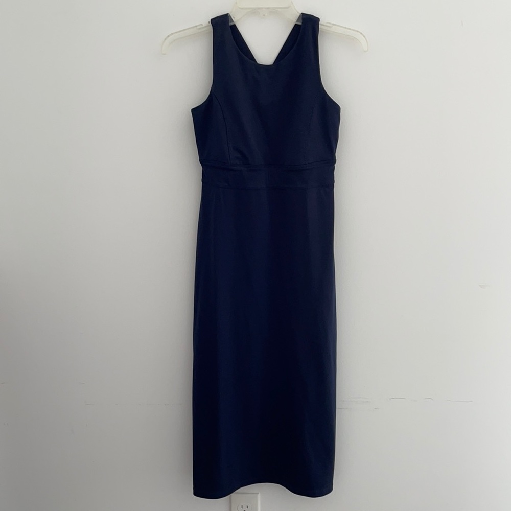 Athleta Deep Breath bralette straight midi dress